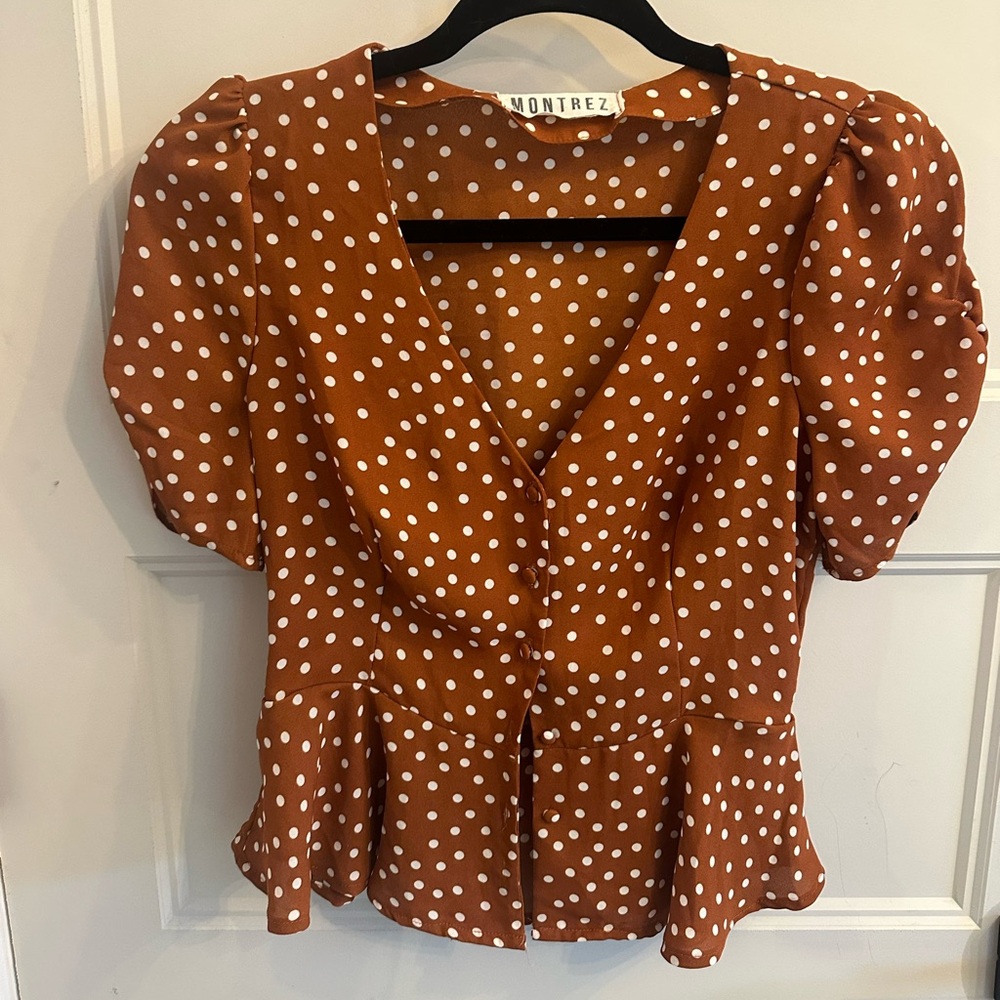 Brown and white polka dot blouse